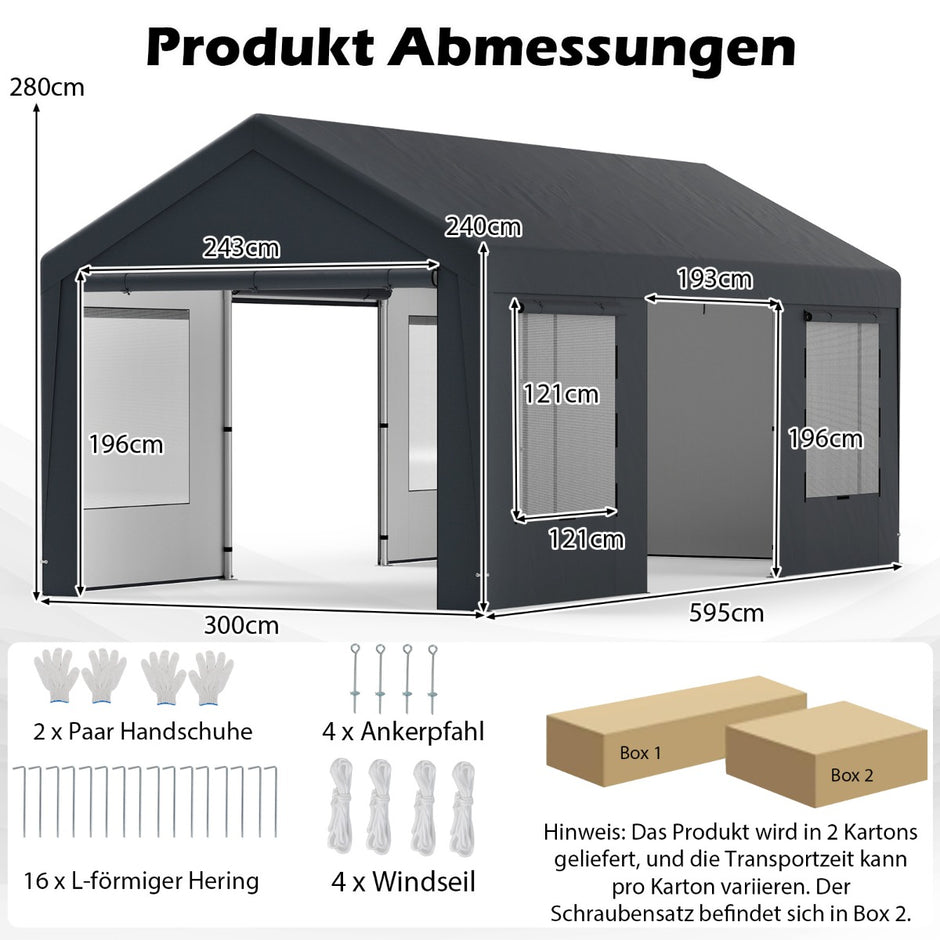 Carport – tältgarage med avtagbara sidoväggar och rullportar betes – 8 – Svart