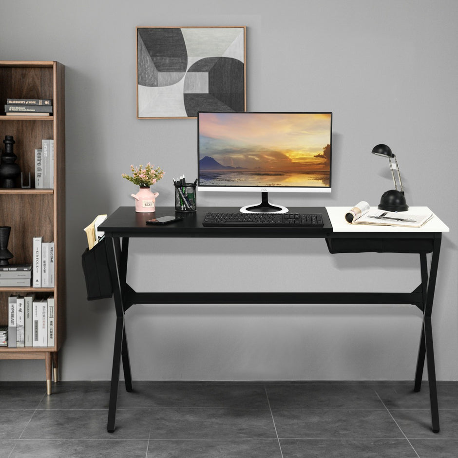 Långt – skrivbord med kublåda och sidoficka + vitt – 120 cm – Svart och vit