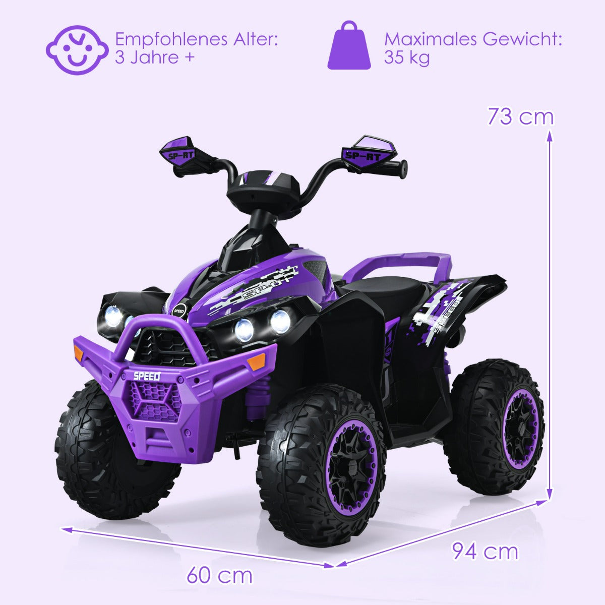 12V – Electric Kids Quad med musikhorn och LED strålkastare – Lila