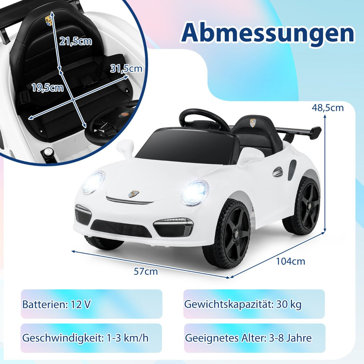12V – elbil för barn med fjärrkontroll och mjukstart Licensierad Porsche – Vit