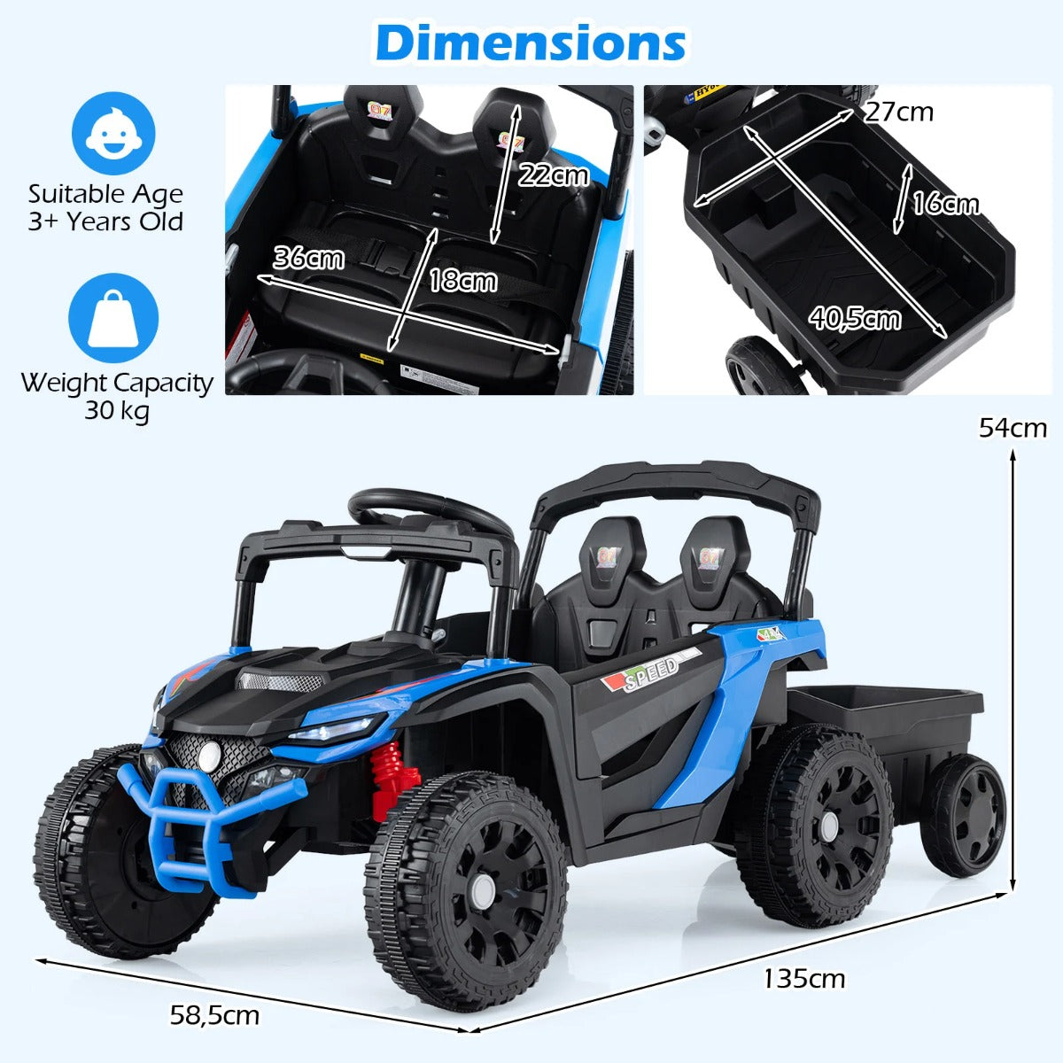 12V – barn traktor med avtagbar släpvagn och föräldra fjärrkontroll Elektrisk UTV – Blå