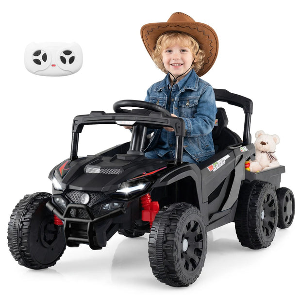 12V – barn traktor med avtagbar släpvagn och fjärrkontroll för föräldrar Elektrisk UTV – Svart