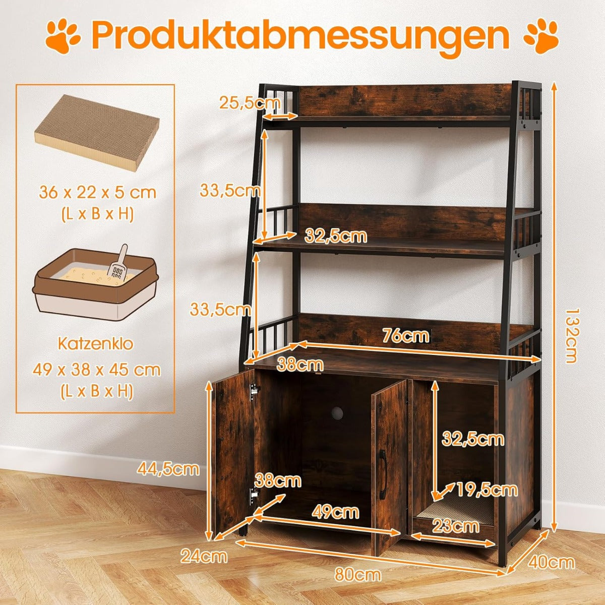 Kattenskrubb – med bokhylla laddstation nivåer klösmatta och ingång – 3 80 x 40 x 132 cm – Brun