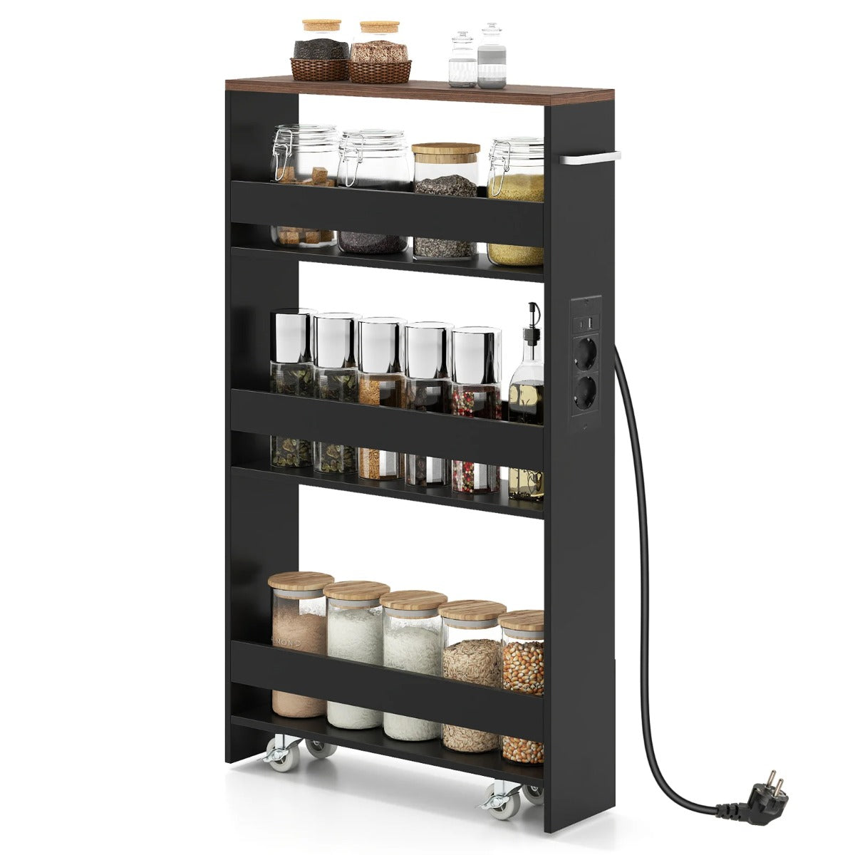 Smal – förvaringsvagn med laddningsstation stegs rullbar köksvagn handtag + vintagebrun – 4 13 cm – Brun + svart