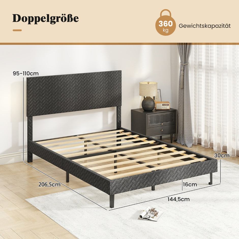 Sammetssängram – med höjdjusterbart chevron huvudgavel Vadderad – 140 x 200 cm – Grå