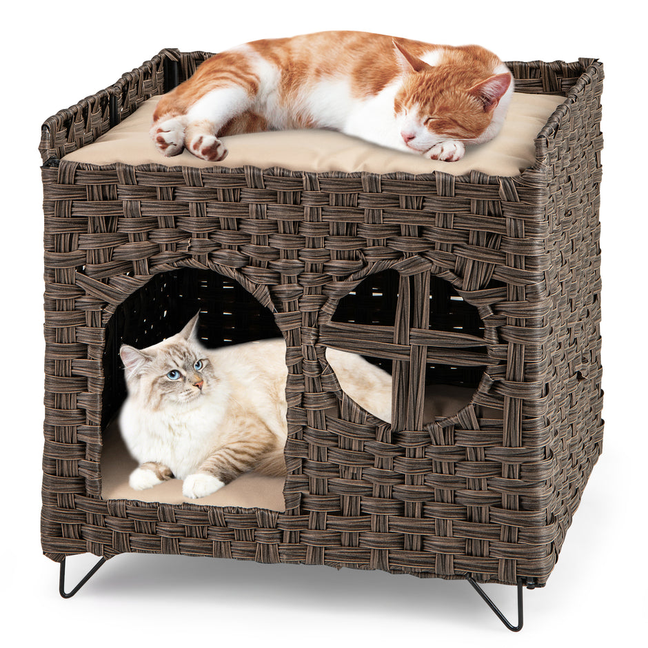 Katt – hus av PE Rattan Fällbar våningar säng med stor sittpinne avtagbara kuddar – 2 50,5 x 45 x 50 cm – Brun
