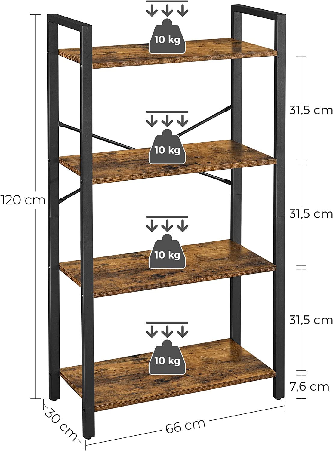 Bokhylla - 4 nivåer - förvaringsställ med stålram - 120 cm hög - brun/svart