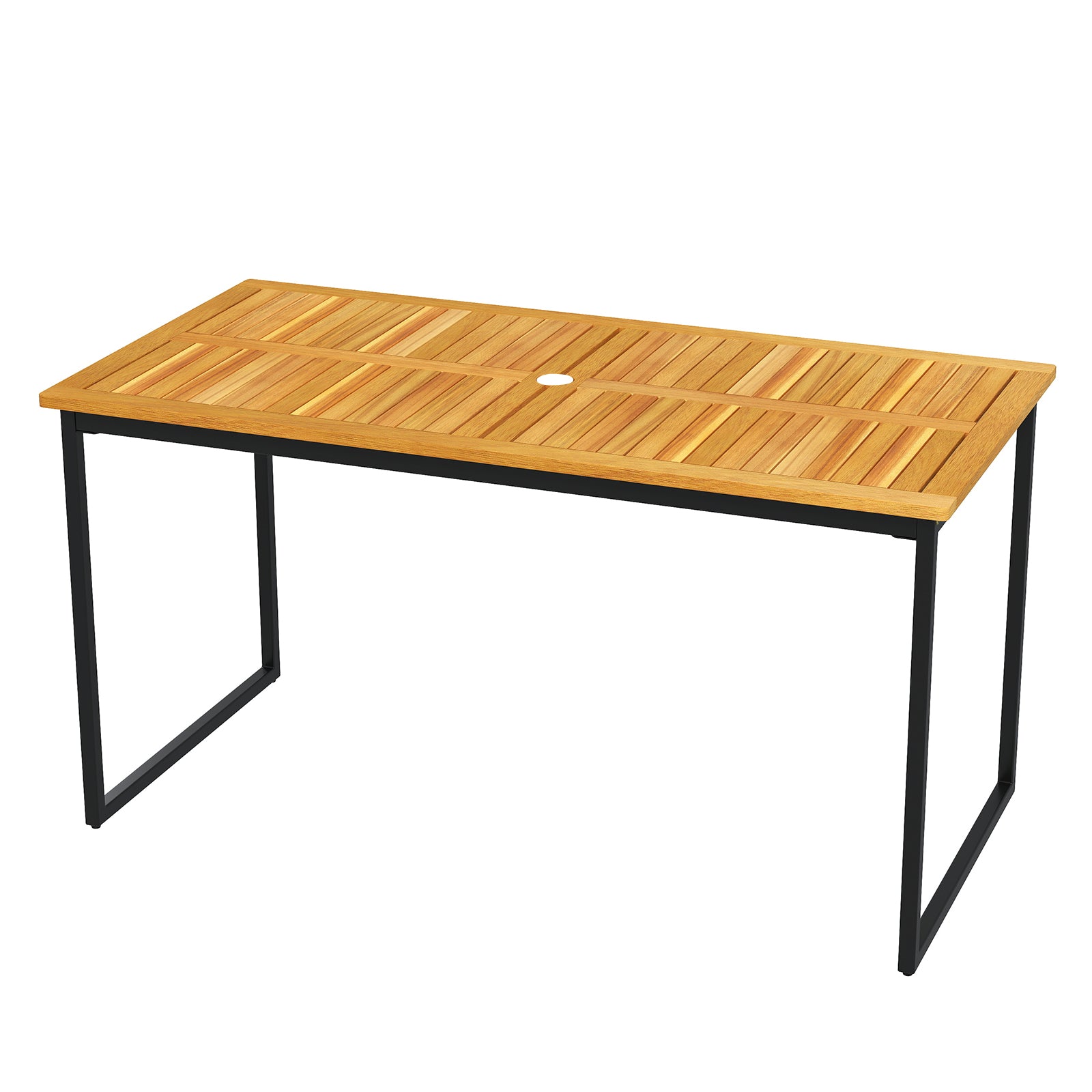 Akacieträds – matbord för personer rektangulärt terrassbord med ribbotten metallram och parasollhål – 6 140 x 70 x 70 cm – Natur