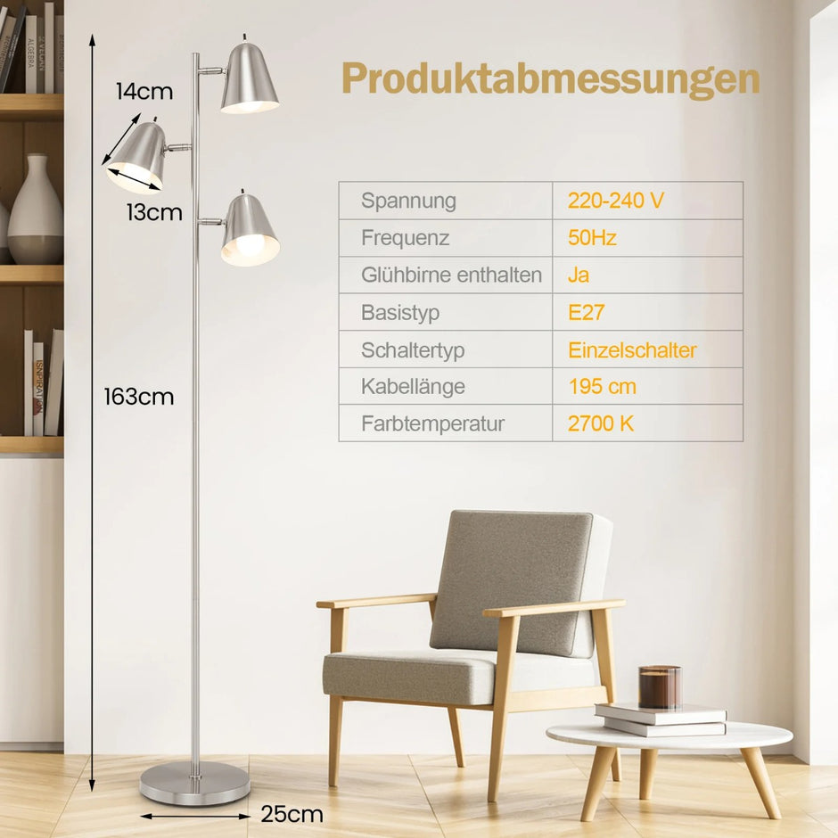 Golvlampa – med E27 glödlampor och 360° justerbara lampskärmar – 3 163 cm – Silver