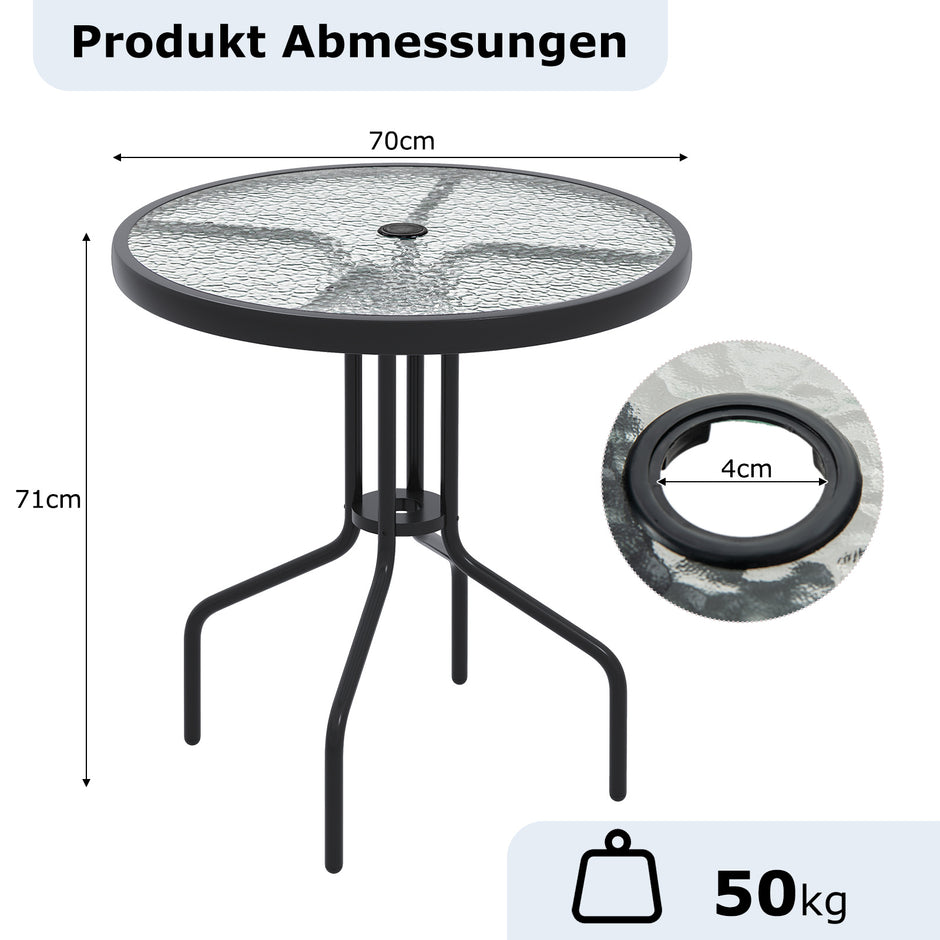 Trädgårdsbord – med parasollhål Bistråbord bordsskiva av härdat glas – 70 x 70 x 71 cm – Svart