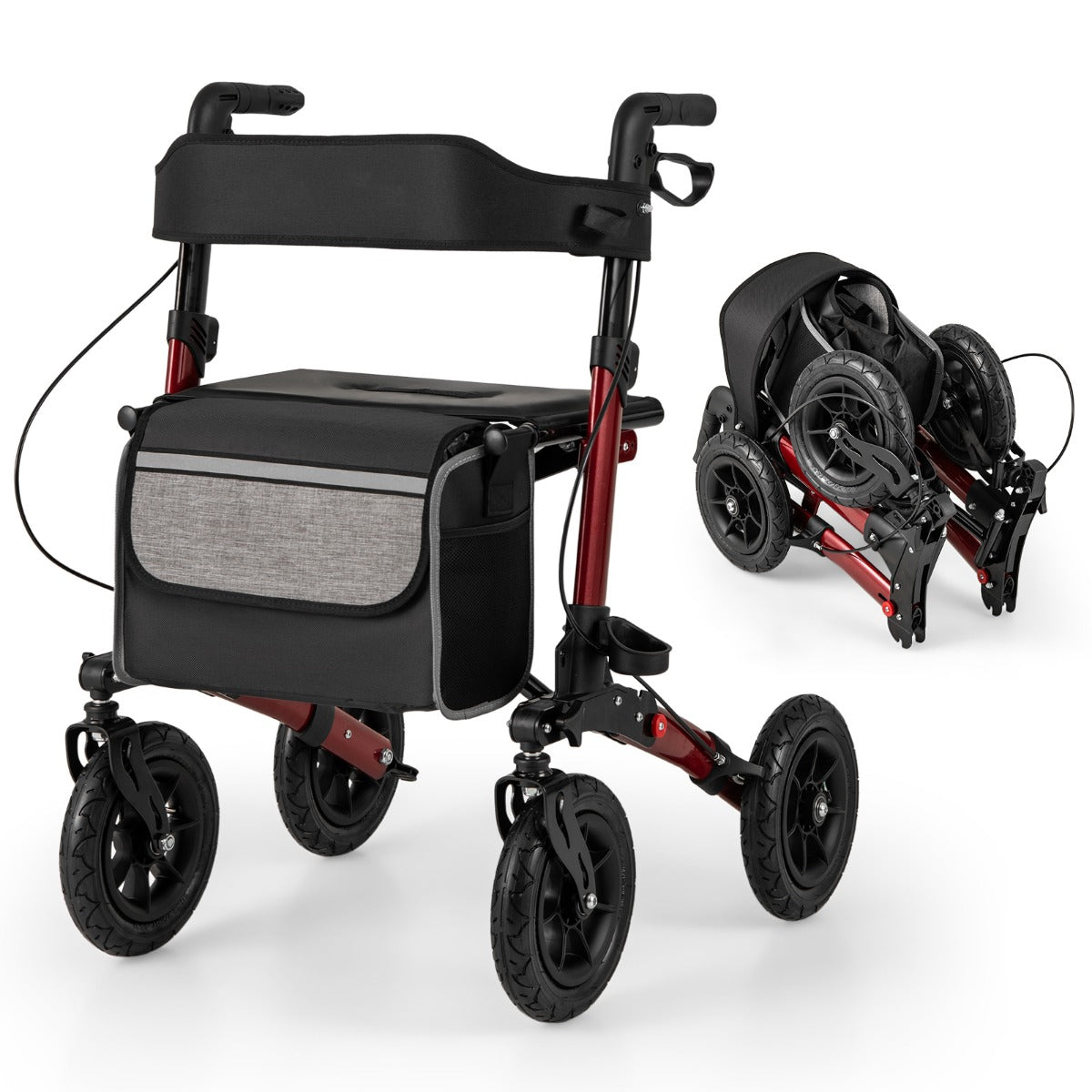 Fällbar – och lätt rollator med luftdäck sittplats i aluminium, upp till kg, i rullstol – 140 2 1 – Röd