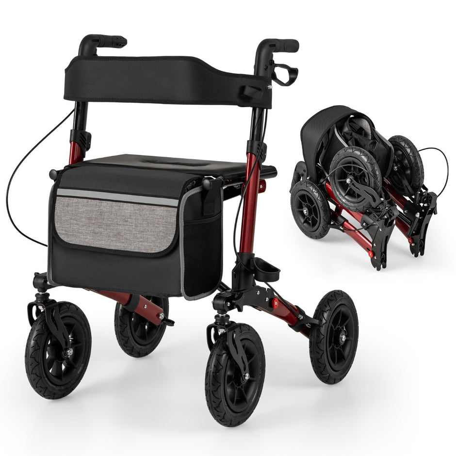 Fällbar – och lätt rollator med luftdäck sittplats i aluminium, upp till kg, i rullstol – 140 2 1 – Röd