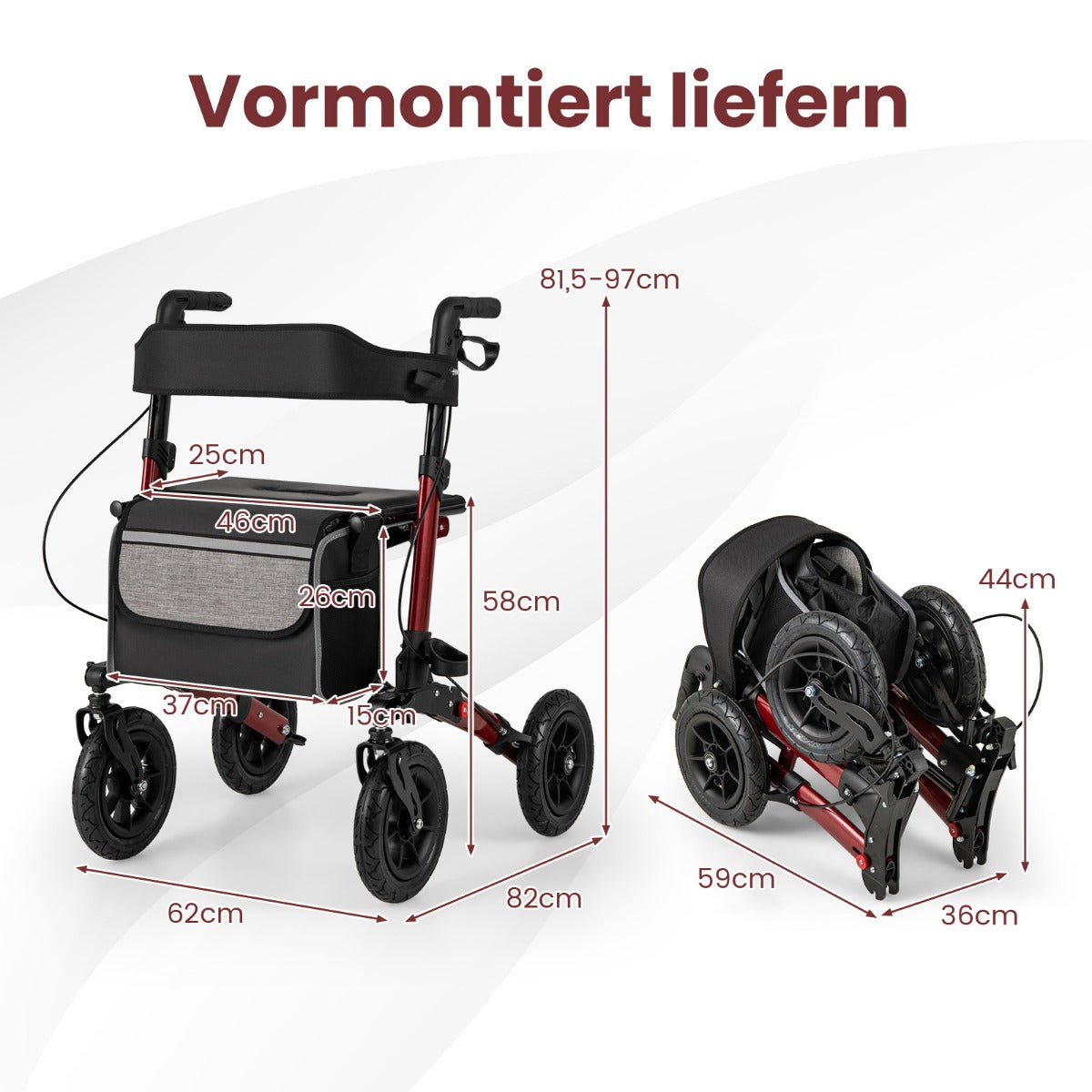 Fällbar – och lätt rollator med luftdäck sittplats i aluminium, upp till kg, i rullstol – 140 2 1 – Röd