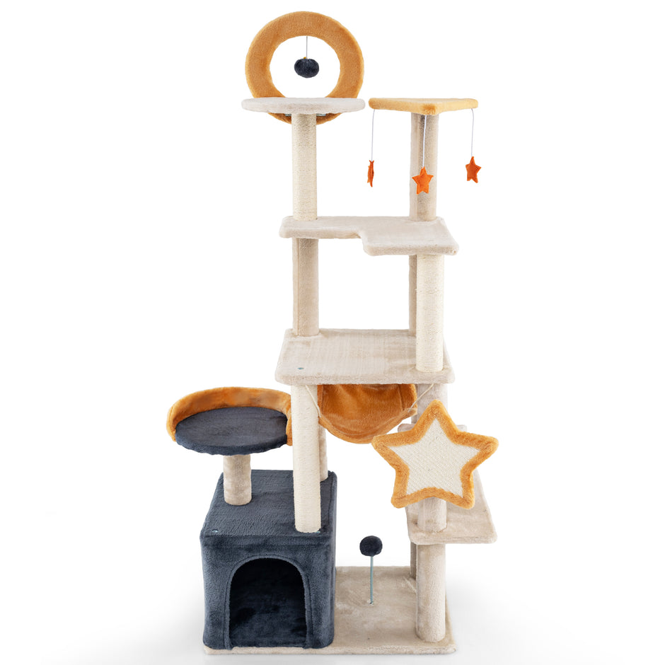 Klösträd – med sisal klösposter och bräda hus Flerstöckigt kattträd kattorn – 160 cm – Beige