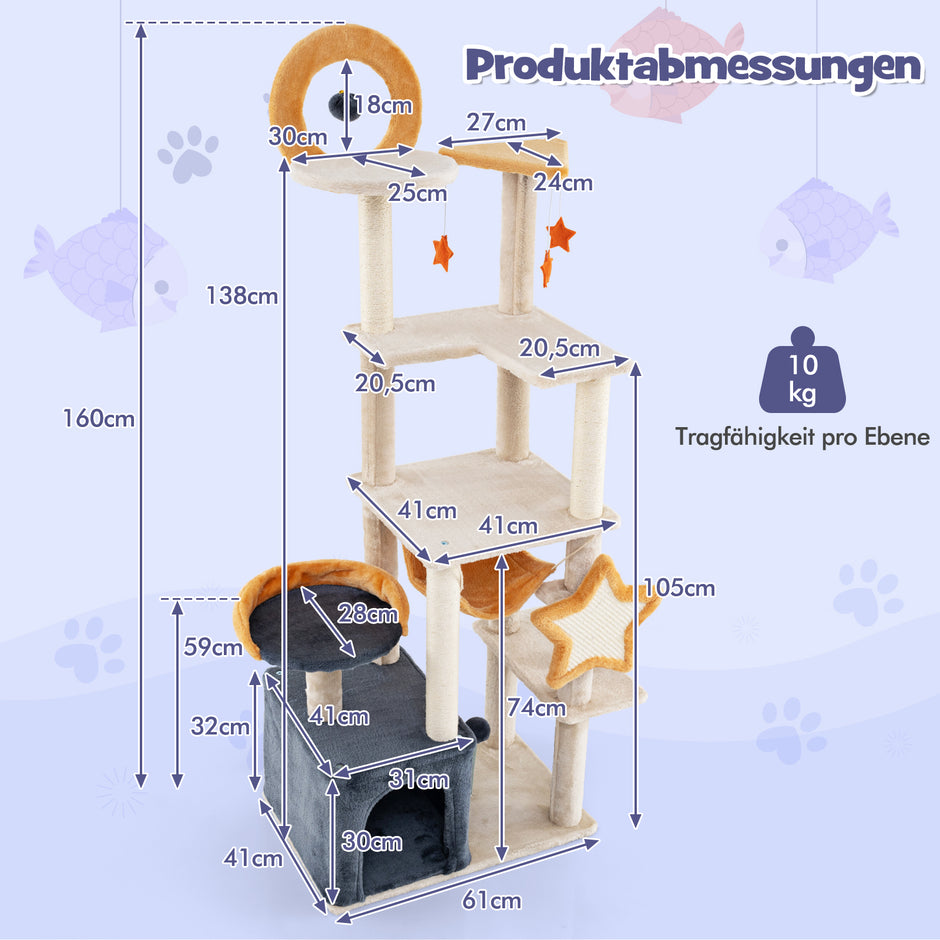Klösträd – med sisal klösposter och bräda hus Flerstöckigt kattträd kattorn – 160 cm – Beige