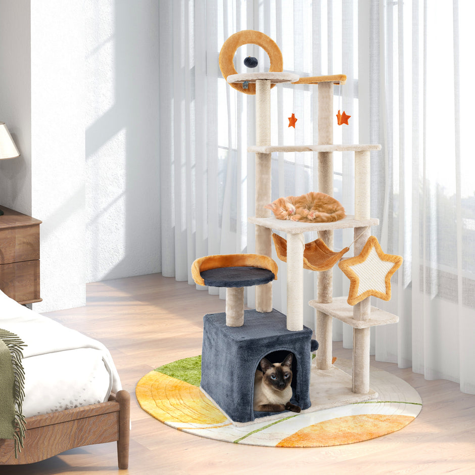 Klösträd – med sisal klösposter och bräda hus Flerstöckigt kattträd kattorn – 160 cm – Beige