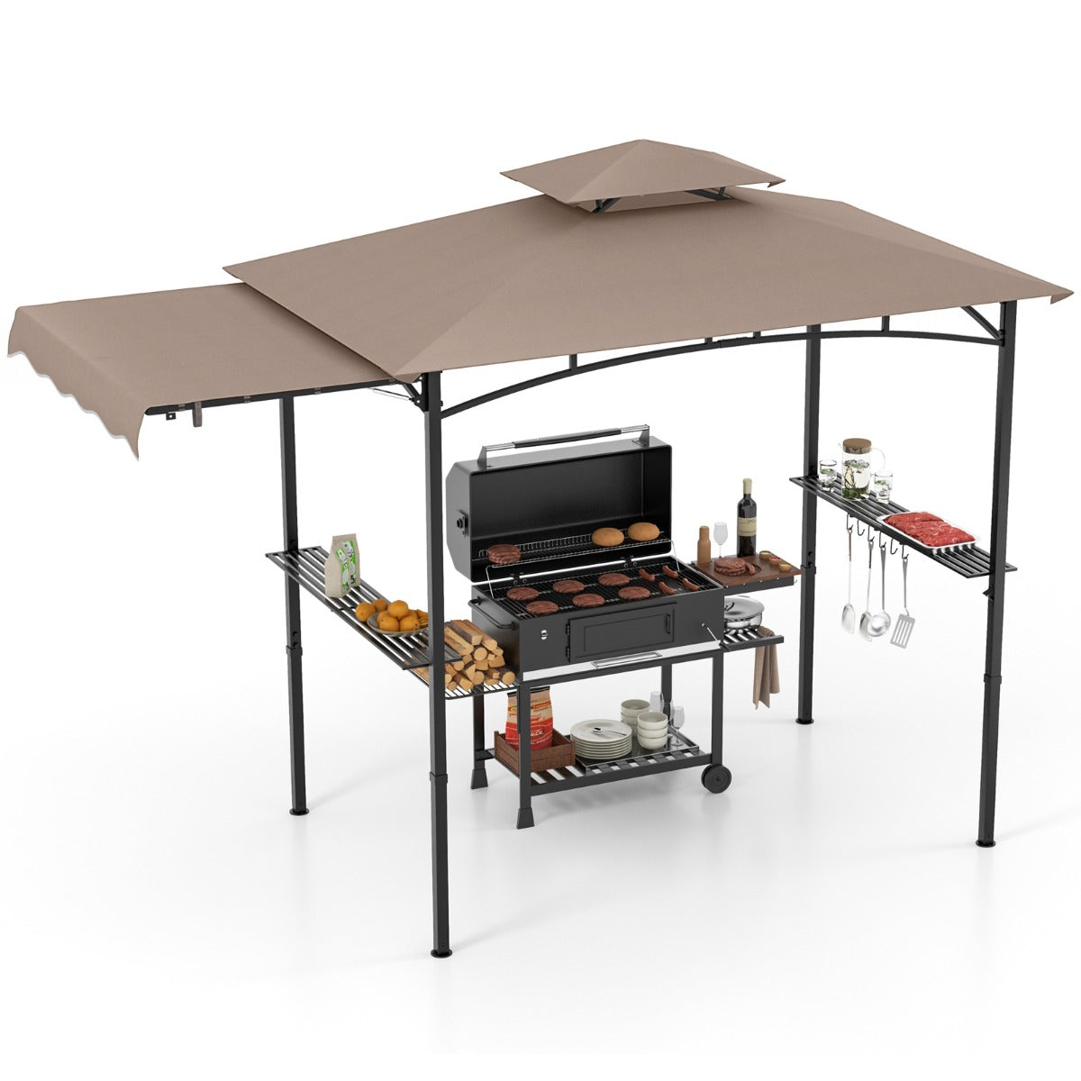 Grillpaviljong – med sidomarkis Dubbelt tak sidobord och krokar Trädgårdspaviljong BBQ – 2 – Brun