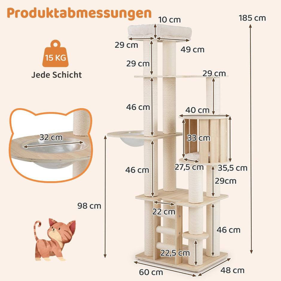 Klätterträd – med tjocka stammar, kattgrotta, rymdkapsel, sittplats och stege – 185 cm – Natur