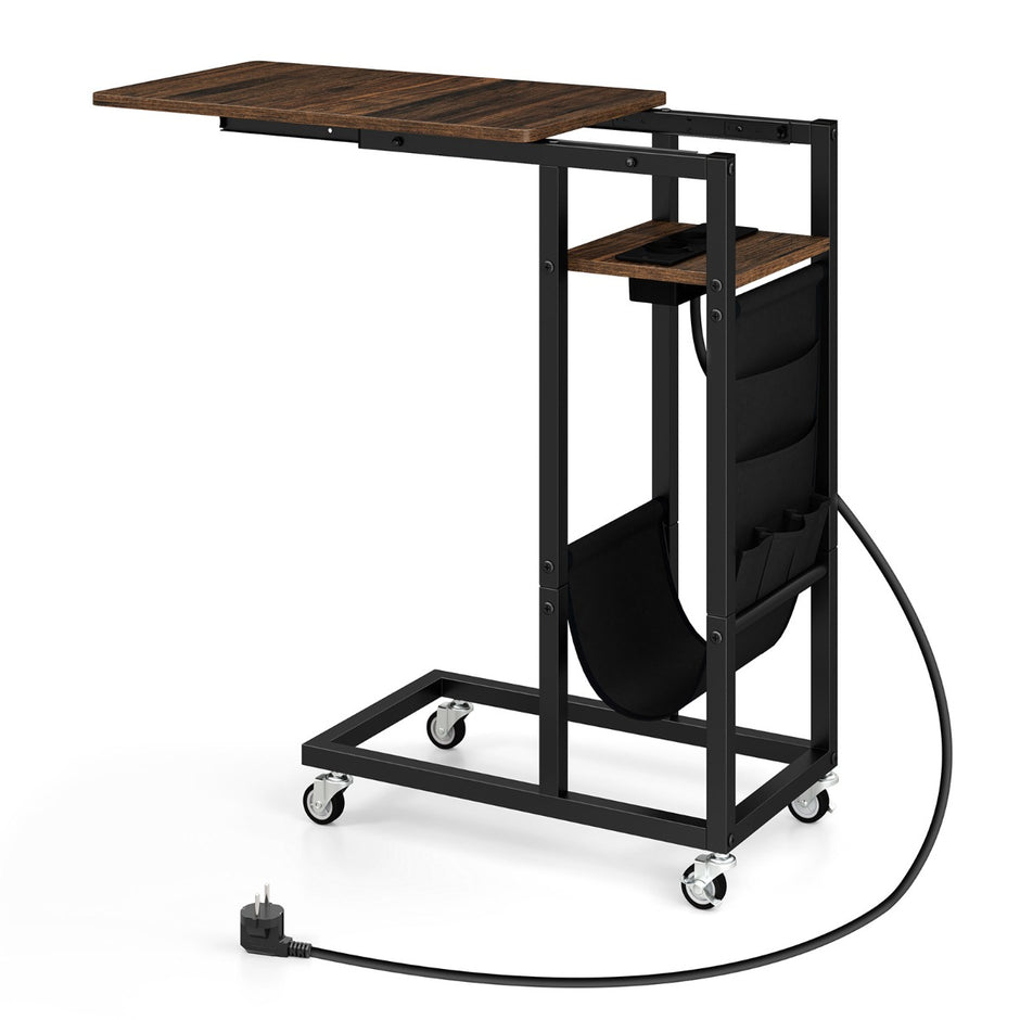 C – formad sidobord med laddstation och utdragbar bordsskiva sidoficka soffbord – Brun