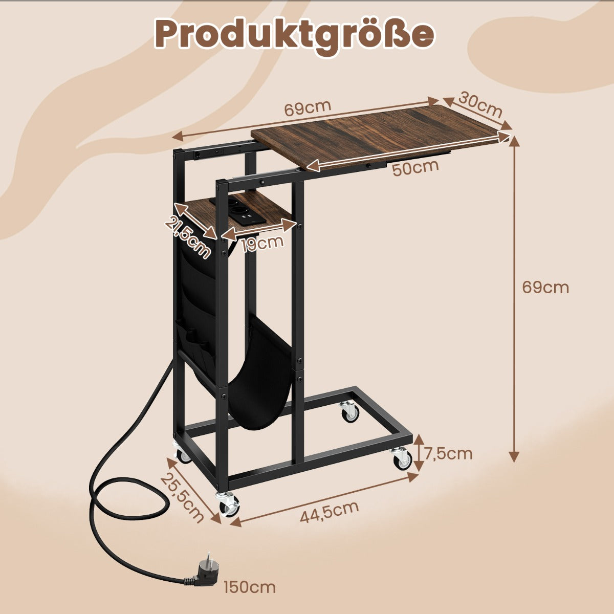 C – formad sidobord med laddstation och utdragbar bordsskiva sidoficka soffbord – Brun