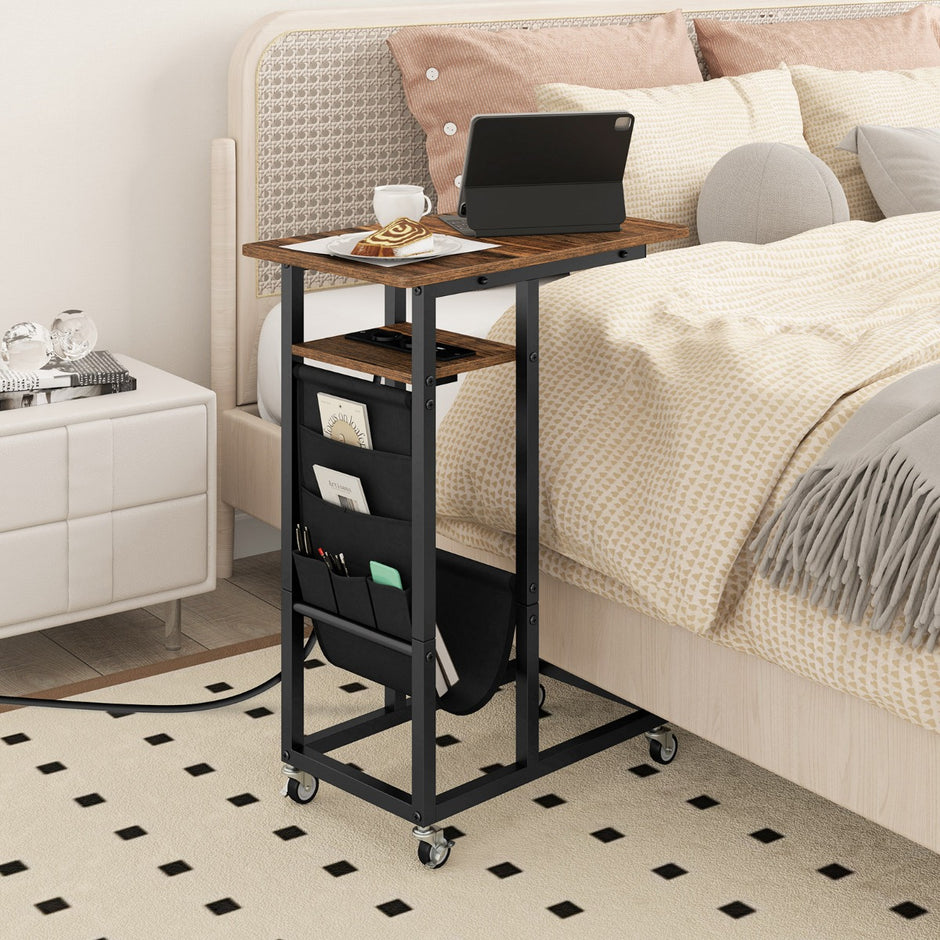 C – formad sidobord med laddstation och utdragbar bordsskiva sidoficka soffbord – Brun