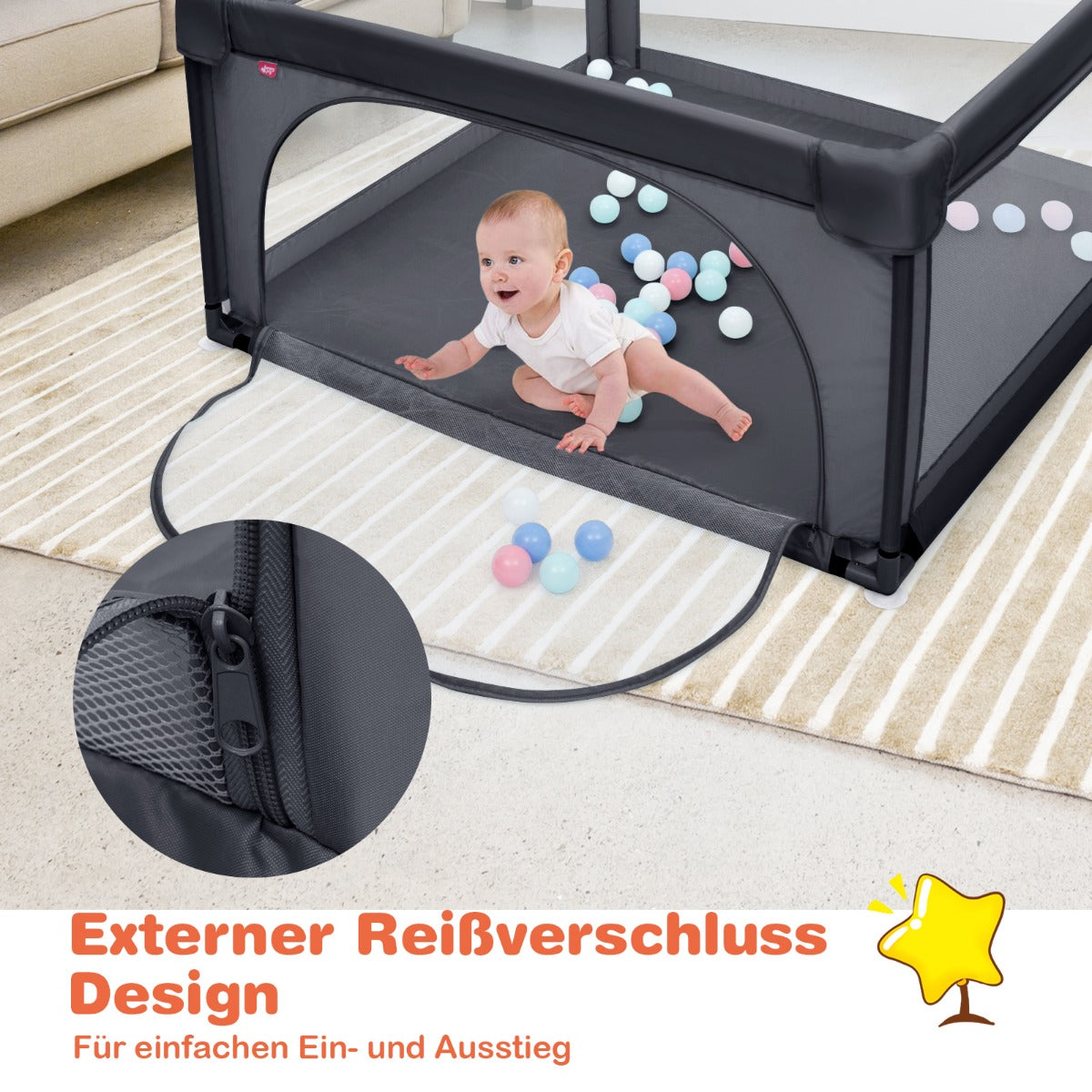 Baby – lekhage med lekkulor andningsnät – 50 120 x 120 cm – Mörkgrå