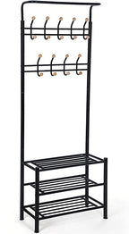Coat Rack - med 3 skosträd - med 18 krokar - Metall - 68,8 x 35,2 x 187 cm