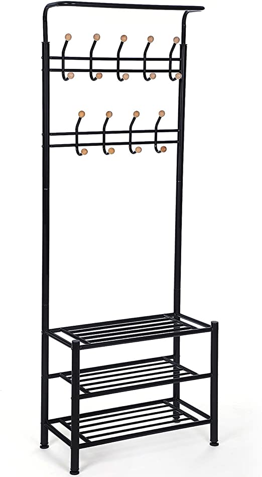 Klädställ med 18 krokar och 3 skoställ - stål - svart