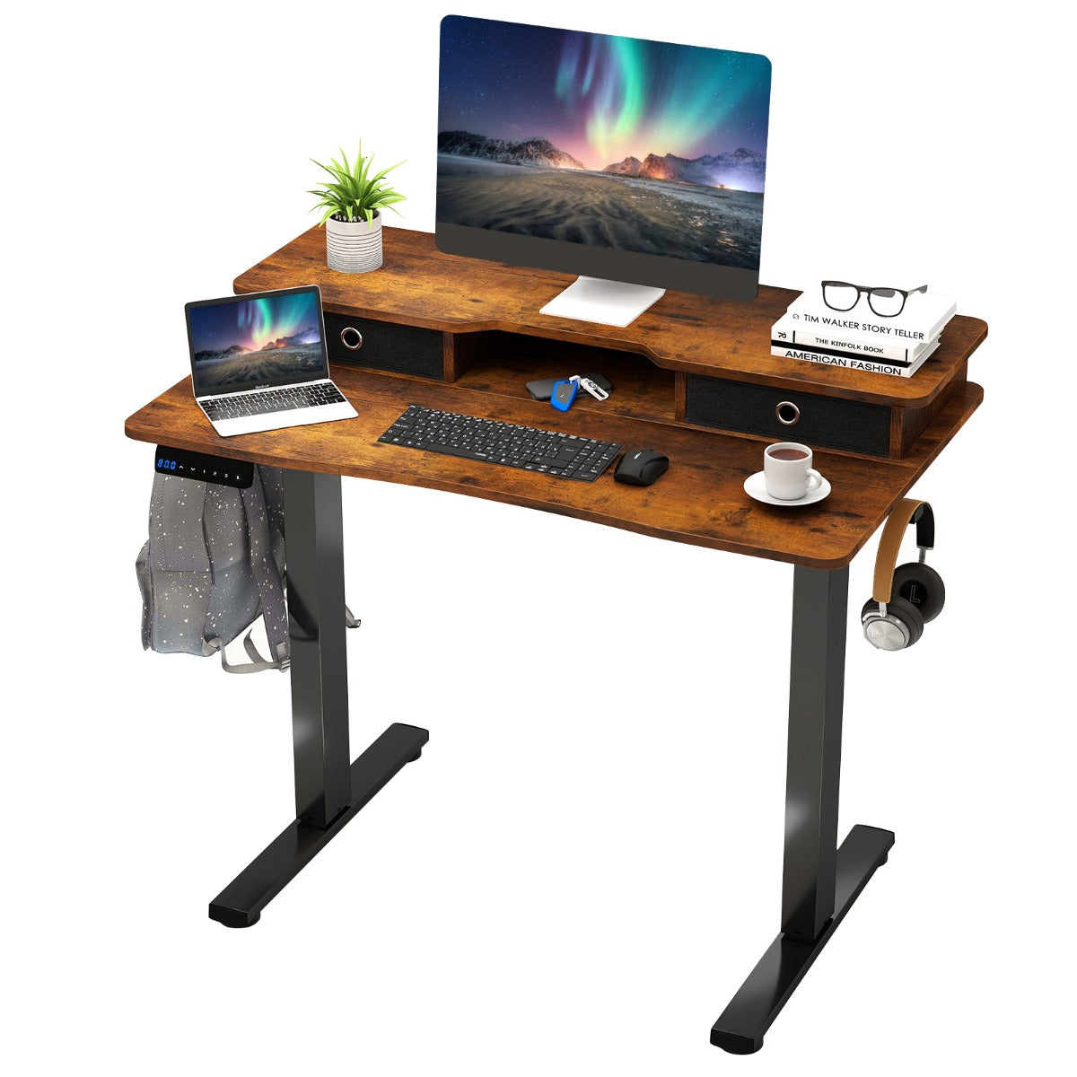 Höj – och sänkbart skrivbord elektriskt datorbord stående med monitorställ – 100 x 60 cm – Brun
