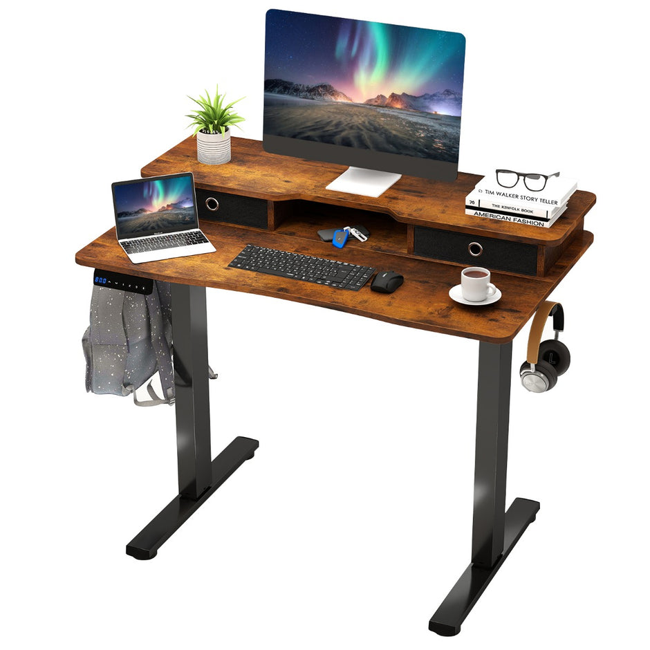 Höj – och sänkbart skrivbord elektriskt datorbord stående med monitorställ – 100 x 60 cm – Brun