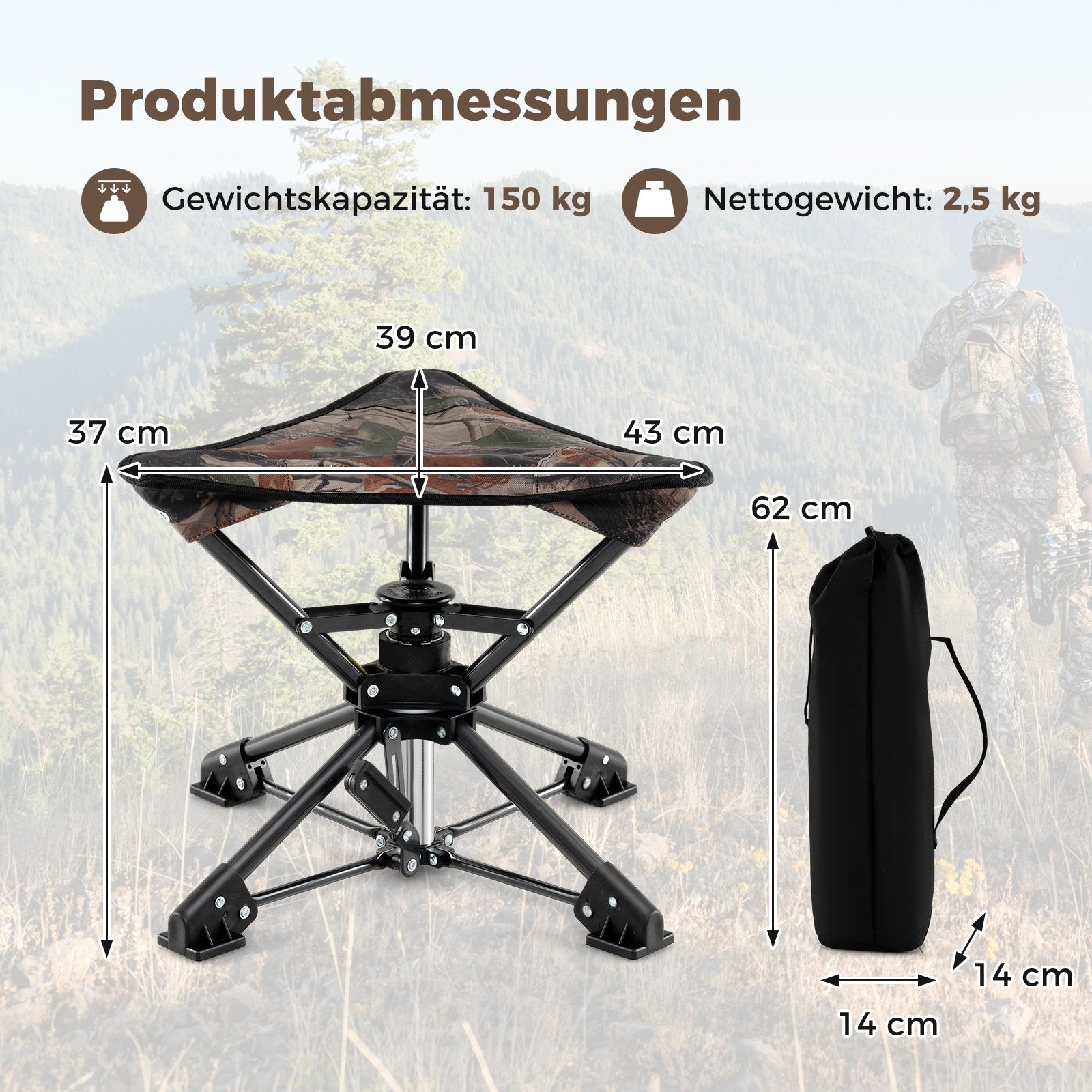 Fällbar – klappstol 360° roter campingstol med anti sjunkande fötter och bärväska – Kamouflage