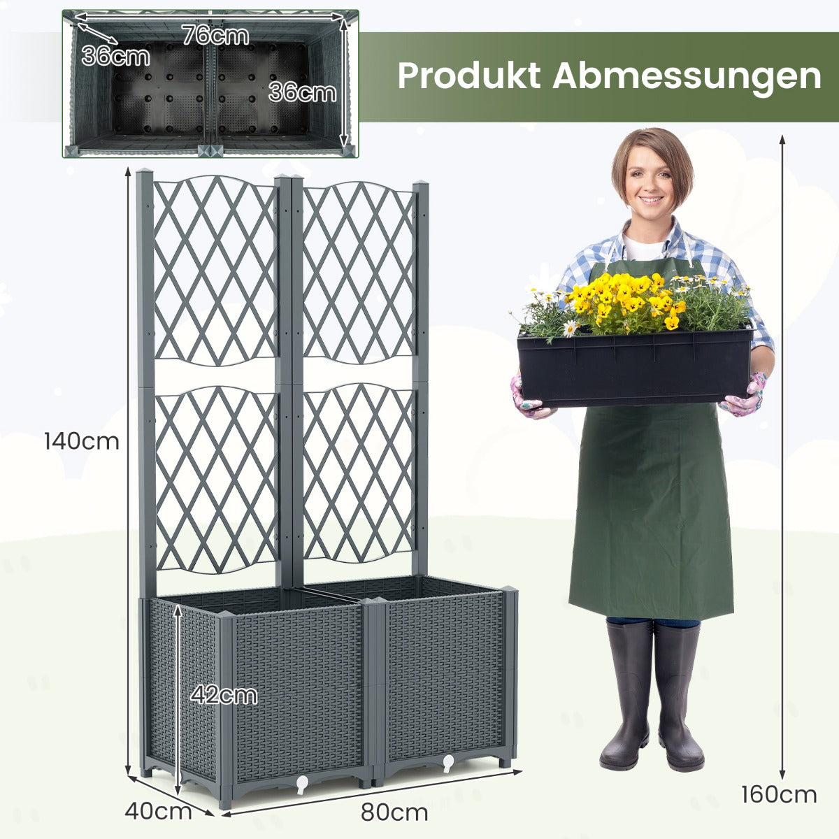 Blomlåda – med spaljé Växtlåda för klätterväxter – 80 x 40 x 140 cm – Grå