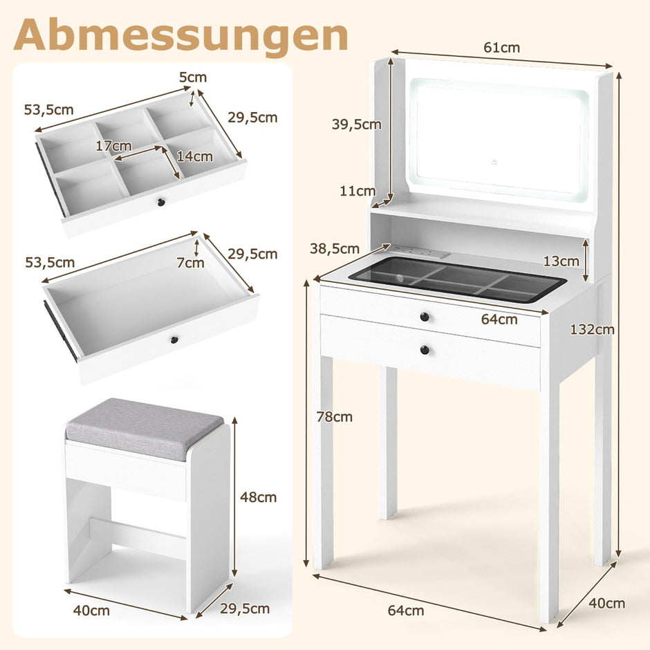 Sminkbord – med Kuddad Pall och Eluttag Färg LED Spegel Skönhetsbord – 3 – Vit