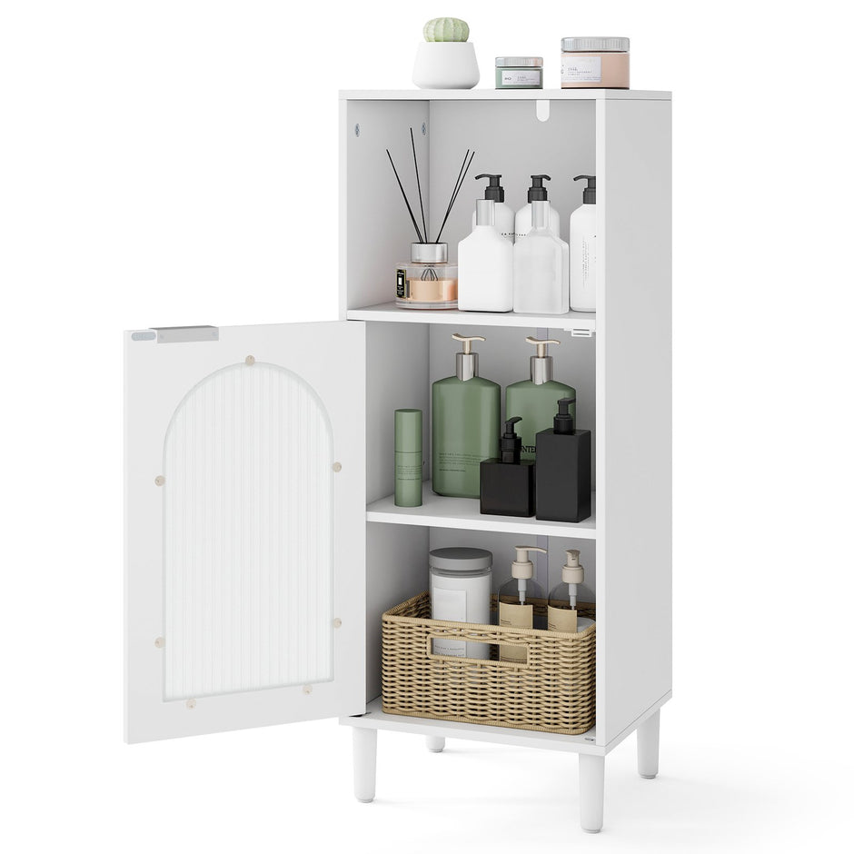 Badrumsskåp – Smalt badskåp med öppen hylla och glasdörr Badkommod i trä justerbar – 35 x 30 x 90 cm – Vit