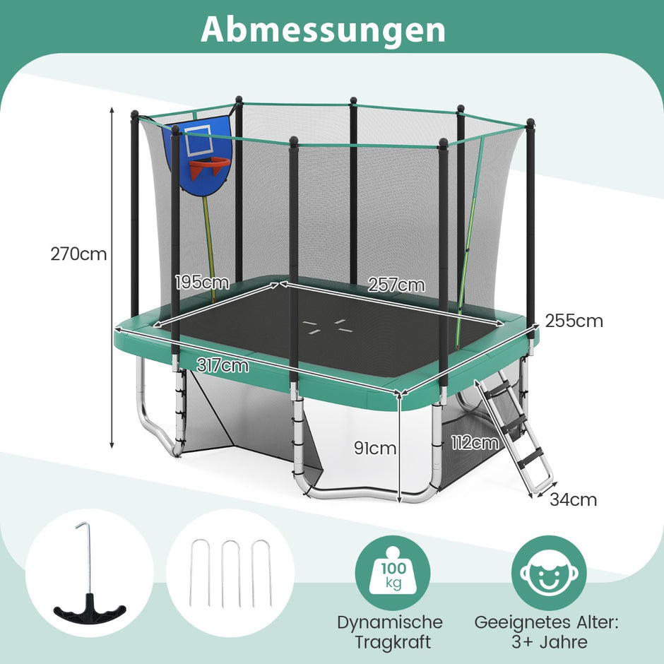 i – Rektangulärt Trampolin med Stege och Basketkorg Fotbollsmål – 3 1 – Grön