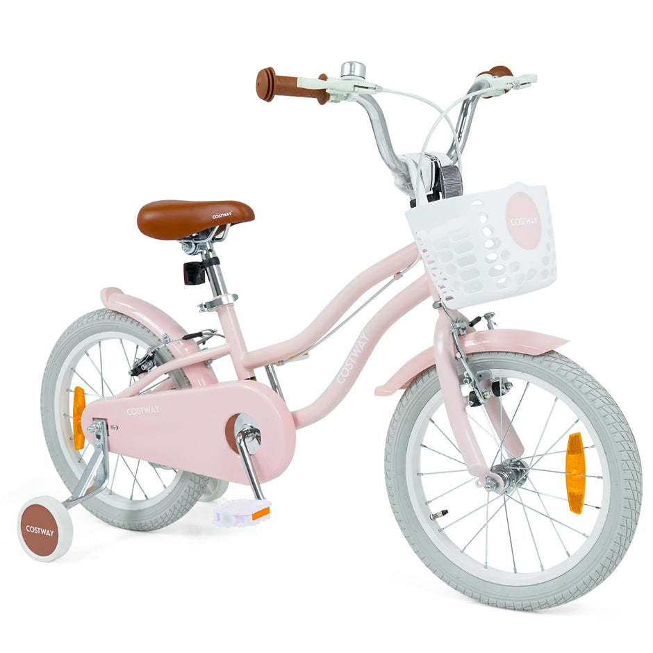 tums – barncykel med stödhjul och korg, höjdjusterbar styrstång sadel – 16 – Rosa
