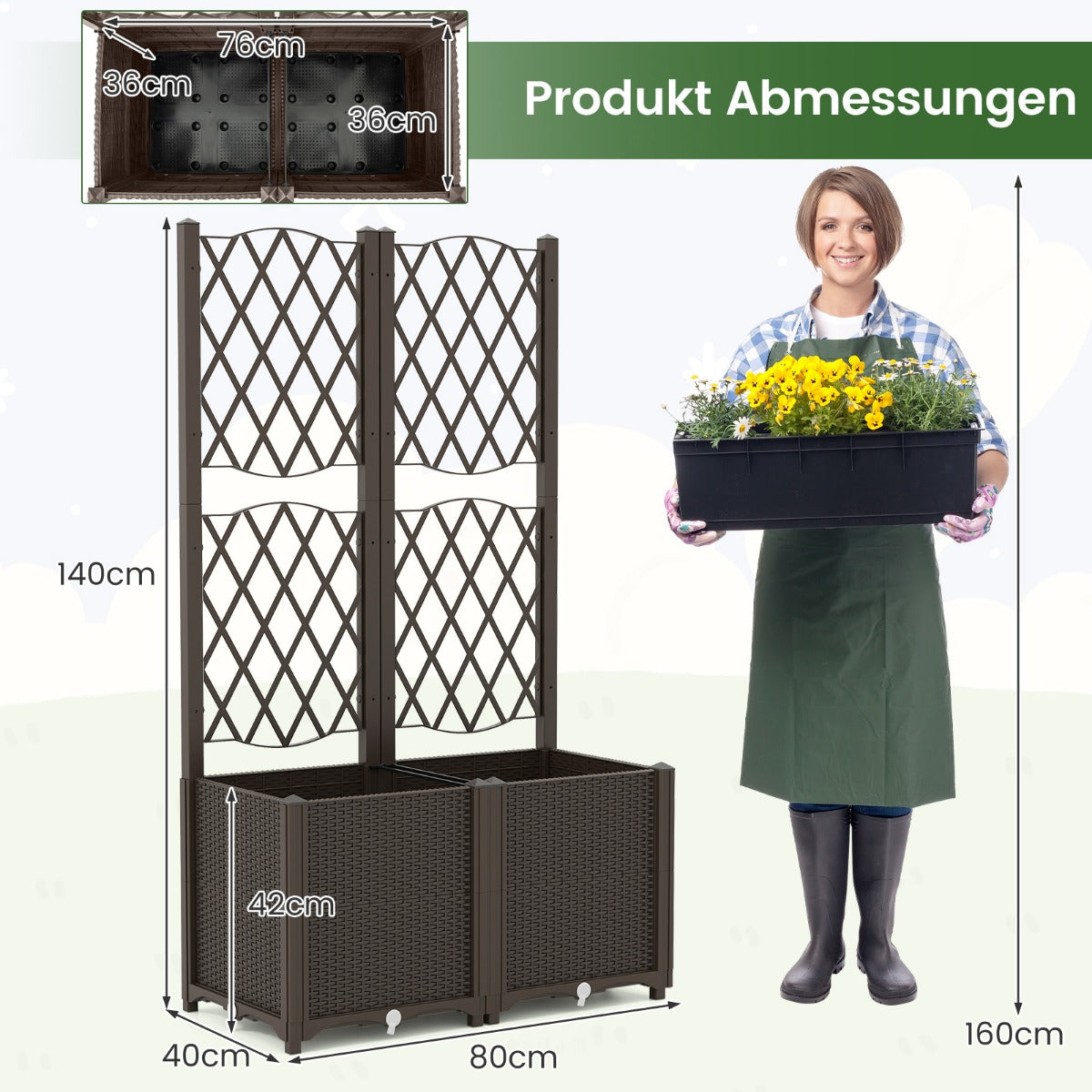 Blomlåda – med spaljé, planteringslåda för klätterväxter – 80 x 40 x 140 cm – Kaffe