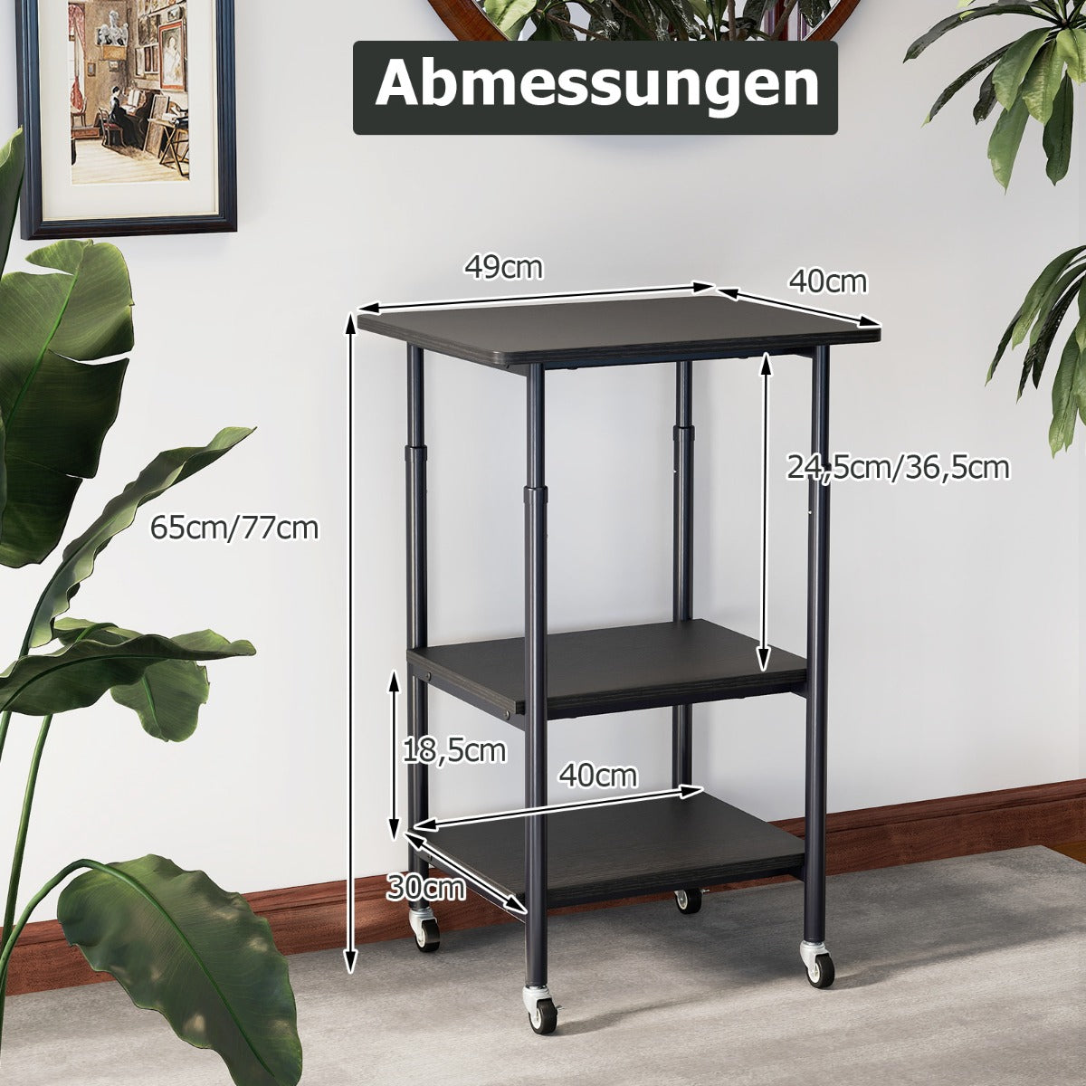 nivå – höj och sänkbart skrivarbord med hyllor hjul – 3 – Svart