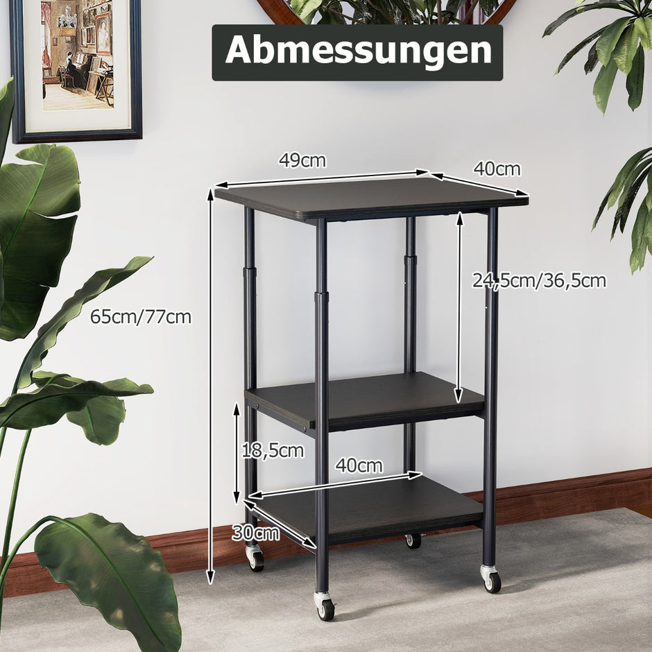 nivå – höj och sänkbart skrivarbord med hyllor hjul – 3 – Svart