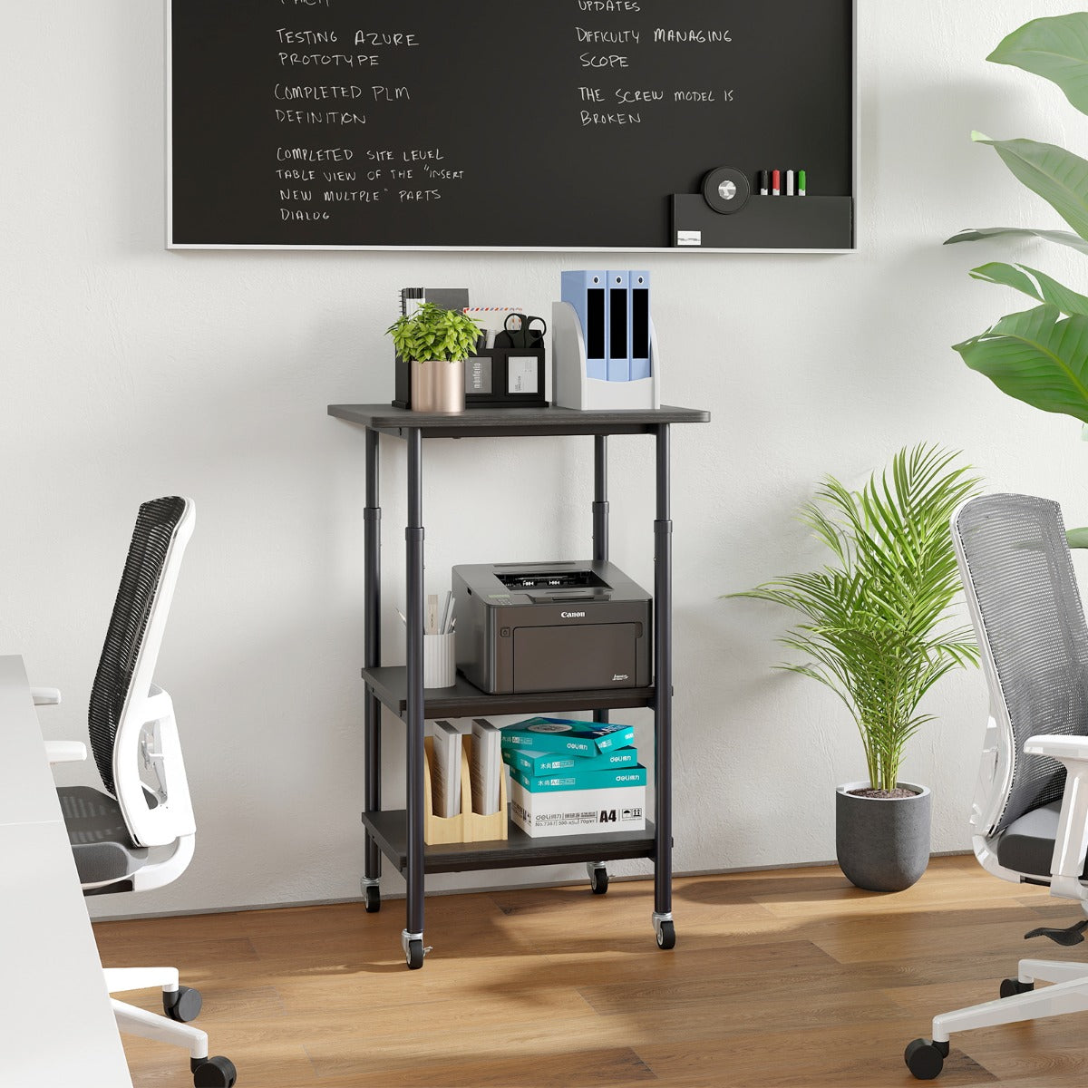 nivå – höj och sänkbart skrivarbord med hyllor hjul – 3 – Svart