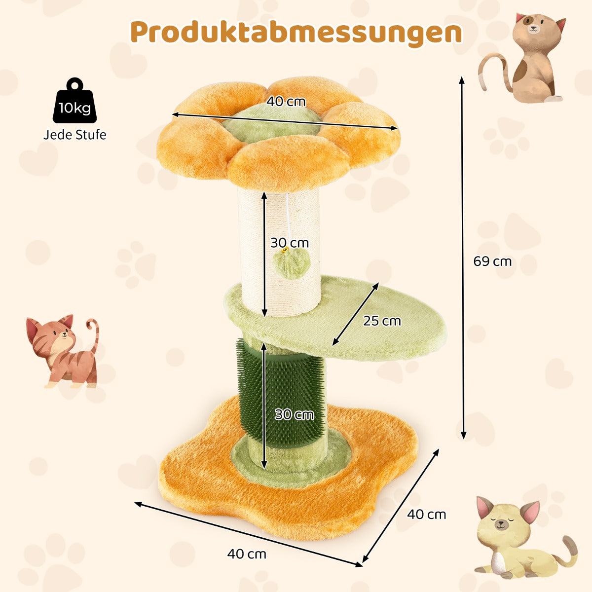 Blommig – kattklätterträd med vadderad plyschsits Litet Gult – 69 cm – Gul