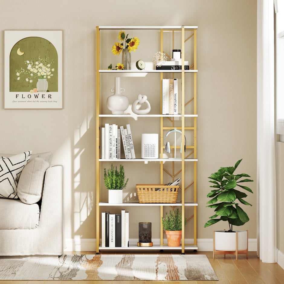 vånings – stående hylla med metallram Geometrisk – 6 80 x 31 x 180 cm – Vit