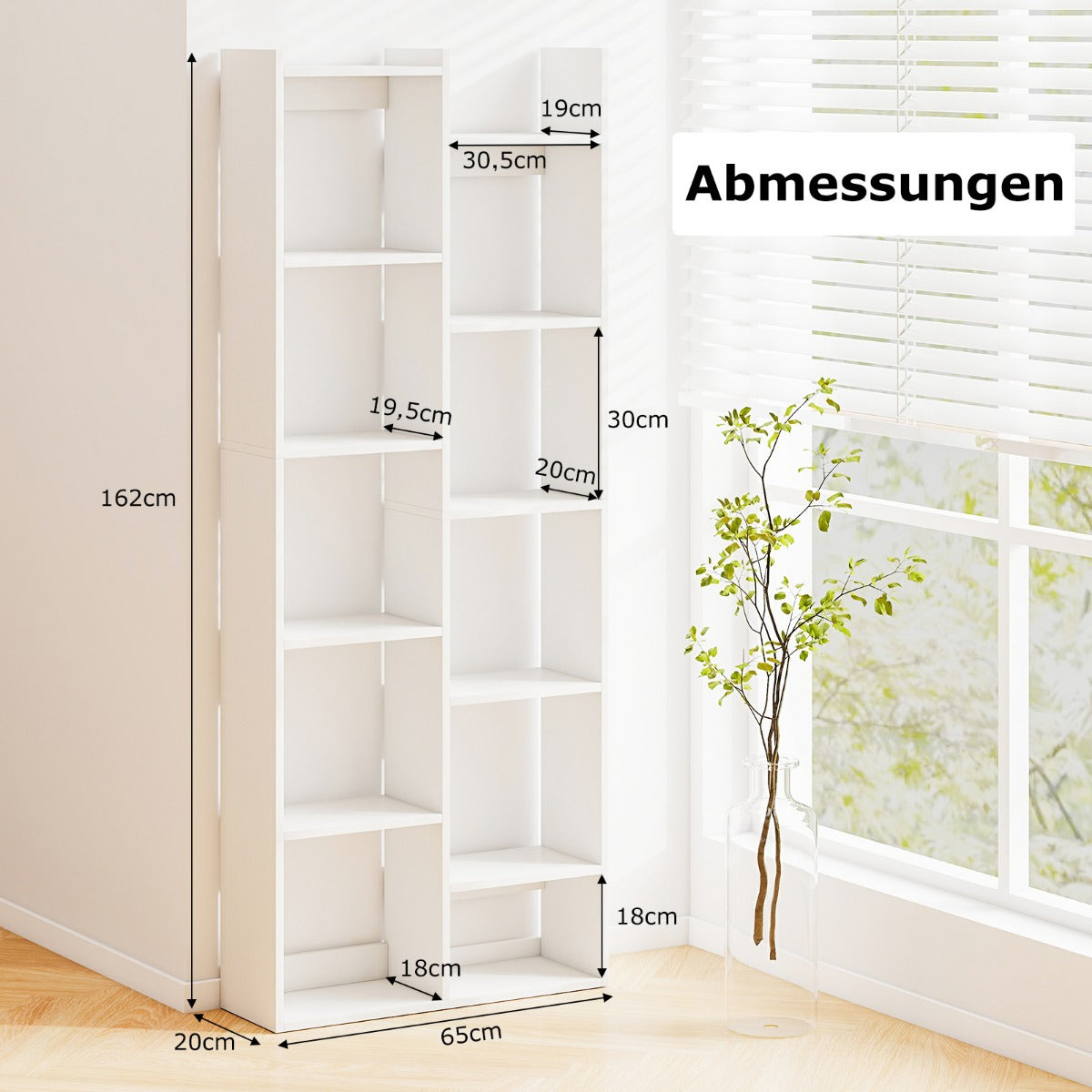vånings – bokhylla displayställ med anti tipp säkringar, trädformad stående – 12 65 x 20 x 162 cm – Vit
