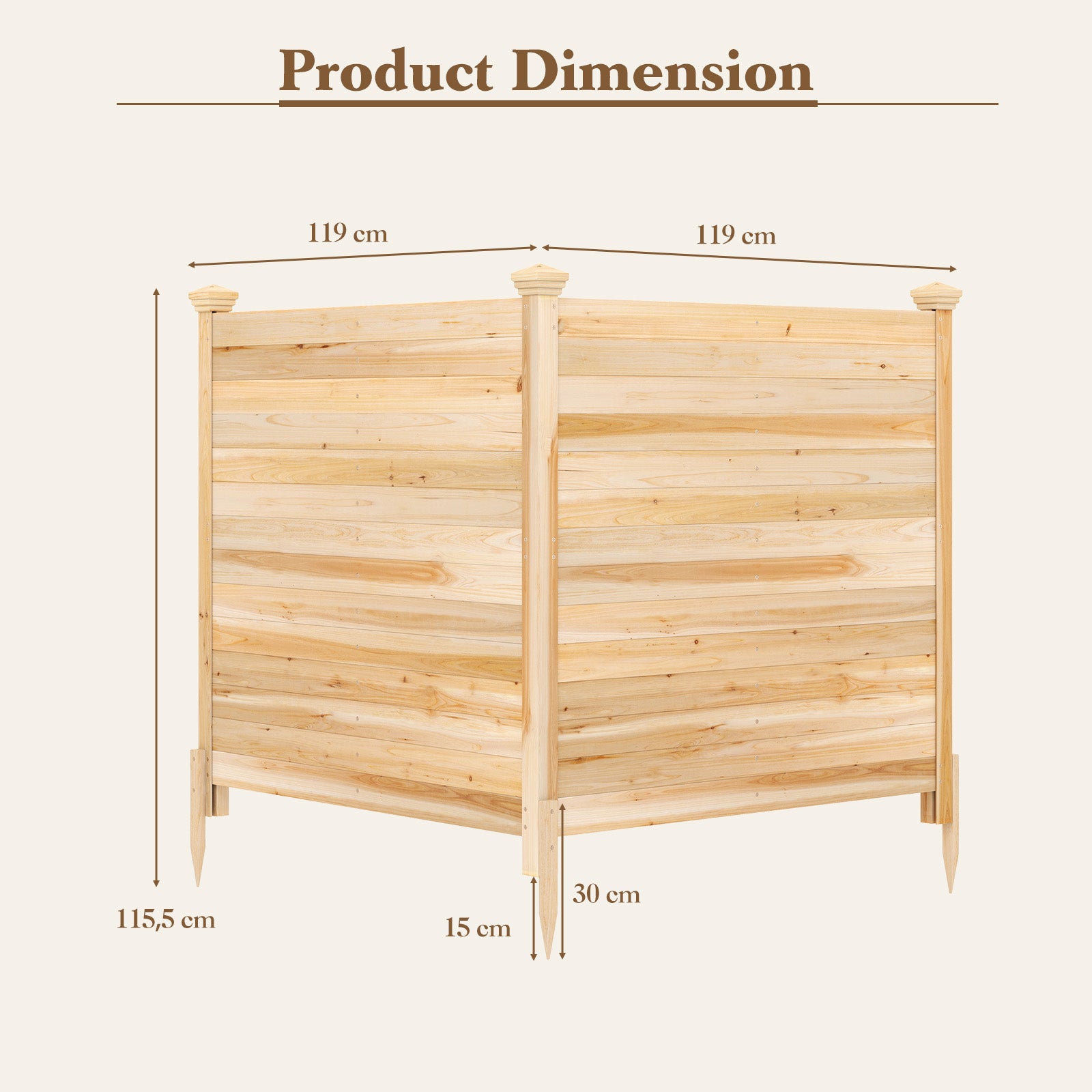 Pack – Tvådelad skyddshäck trädgårdshäck av gran utomhus trähäck med tre stolpar naturfärg – 2 119 x 119 cm – Natur