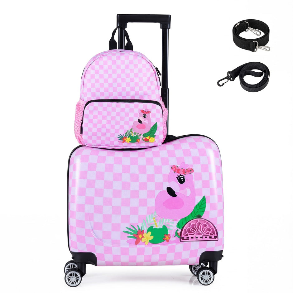delat – barnreseväska + ryggsäck 12"+18", barnresväska med hjul och vattentåligt hardskal, (flamingo). – 2 – Rosa