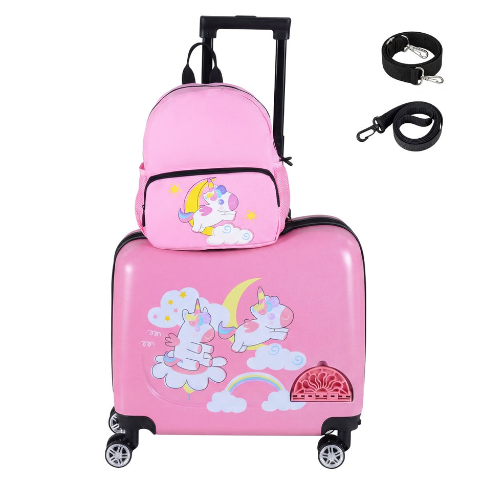 delat – barnreseväska + ryggsäck 12"+18", barnresväska med hjul, (enhörning). – 2 – Rosa