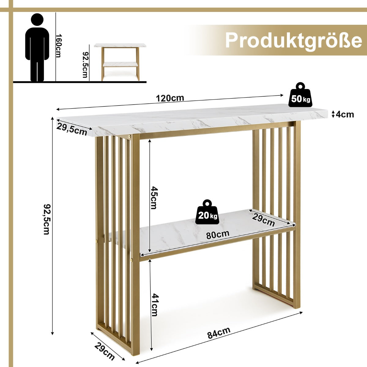 Konsolbord – med nivåer marmorlook och Gyllene – 2 120 x 29,5 x 92,5 cm – Vit