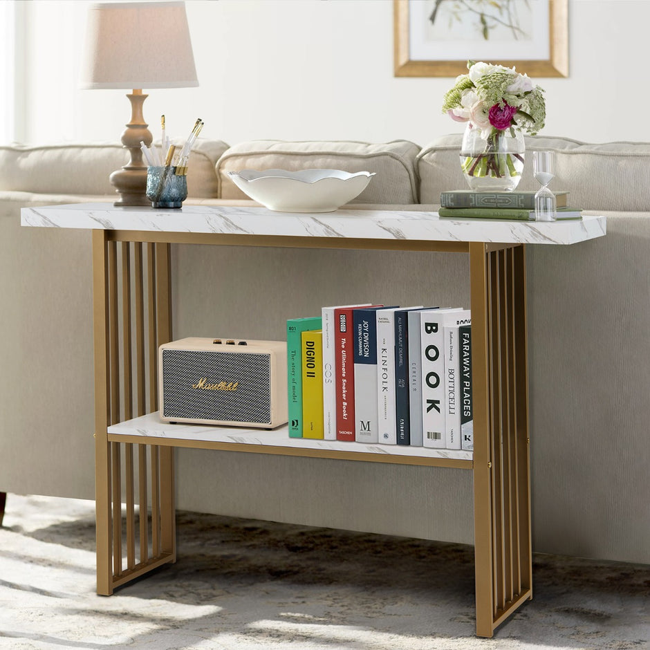 Konsolbord – med nivåer marmorlook och Gyllene – 2 120 x 29,5 x 92,5 cm – Vit