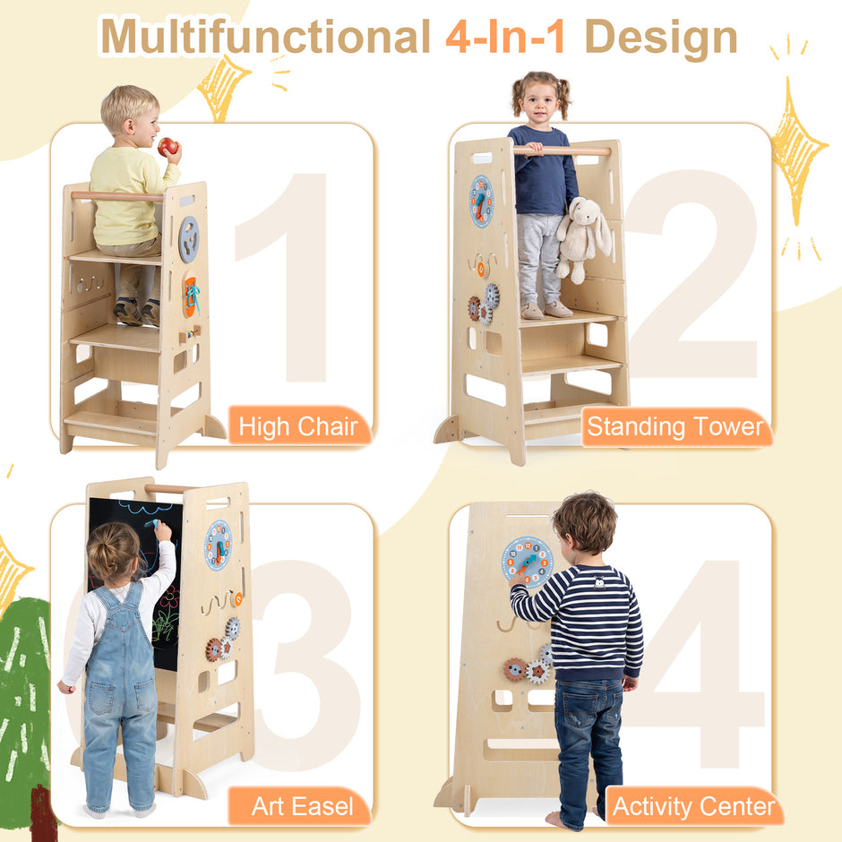 2‑faldigt – höjdjusterbar trappstol, 4‑i‑1 Montessori‑lärotorn i trä – 52 x 50 x 89 cm