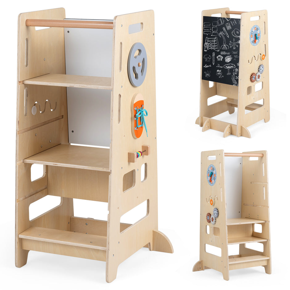 2‑faldigt – höjdjusterbar trappstol, 4‑i‑1 Montessori‑lärotorn i trä – 52 x 50 x 89 cm